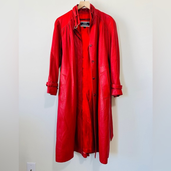 Vintage Red Genuine Leather Belted Trench Coat By Breier of Amsterdam Size 10 - Picture 14 of 16
